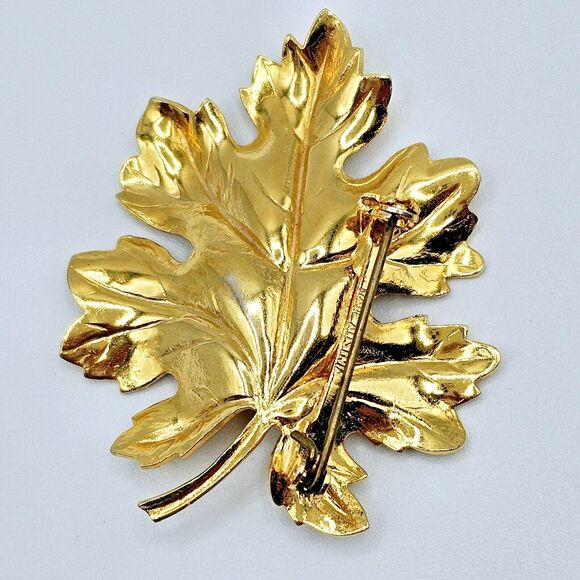 Austria Leaf Brooch Vintage Fall Gold Tone Monstera Estate Jewelry Pin - Picture 8 of 10